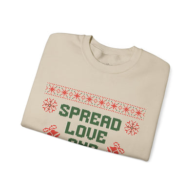 Cozy beige crewneck sweatshirt with green and red "Spread Love and Christmas Cheer" holiday design