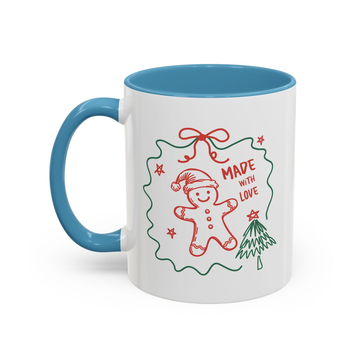 Festive Christmas coffee mug with gingerbread design and blue handle and interior, ceramic holiday cup