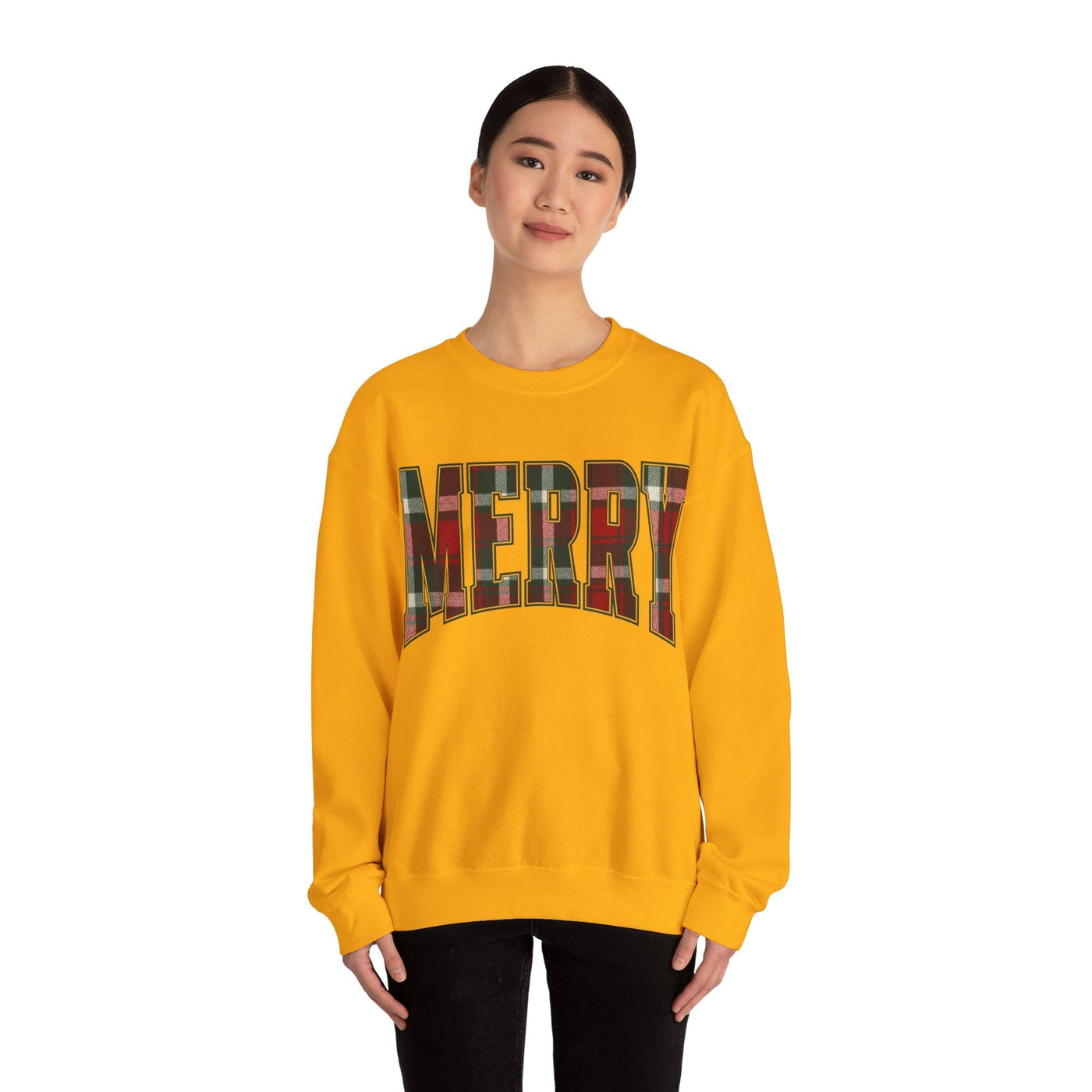 unisex yellow crewneck sweatshirt with plaid "MERRY" Christmas graphic on front