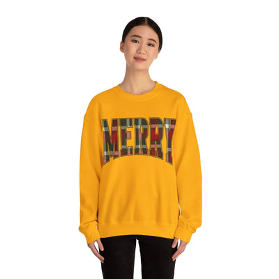 unisex yellow crewneck sweatshirt with plaid "MERRY" Christmas graphic on front