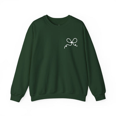 Dark green Coquette Bow Crewneck Sweatshirt with white coquette bow design on front, festive faith-inspired style.