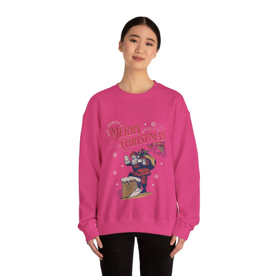 Vintage Santa Crewneck sweatshirt with Santa carrying gift bag into chimney design in vibrant pink holiday crewneck