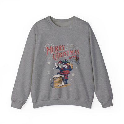 Vintage Santa Crewneck sweatshirt with Santa carrying gift bag climbing into chimney and Merry Christmas text