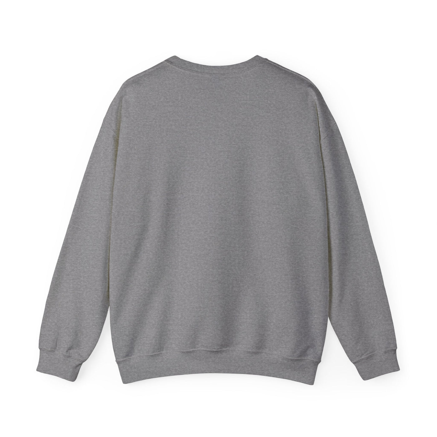 Back view of a gray crewneck sweatshirt with long sleeves and ribbed cuffs, plain design, unisex heavy blend for cozy winter wear