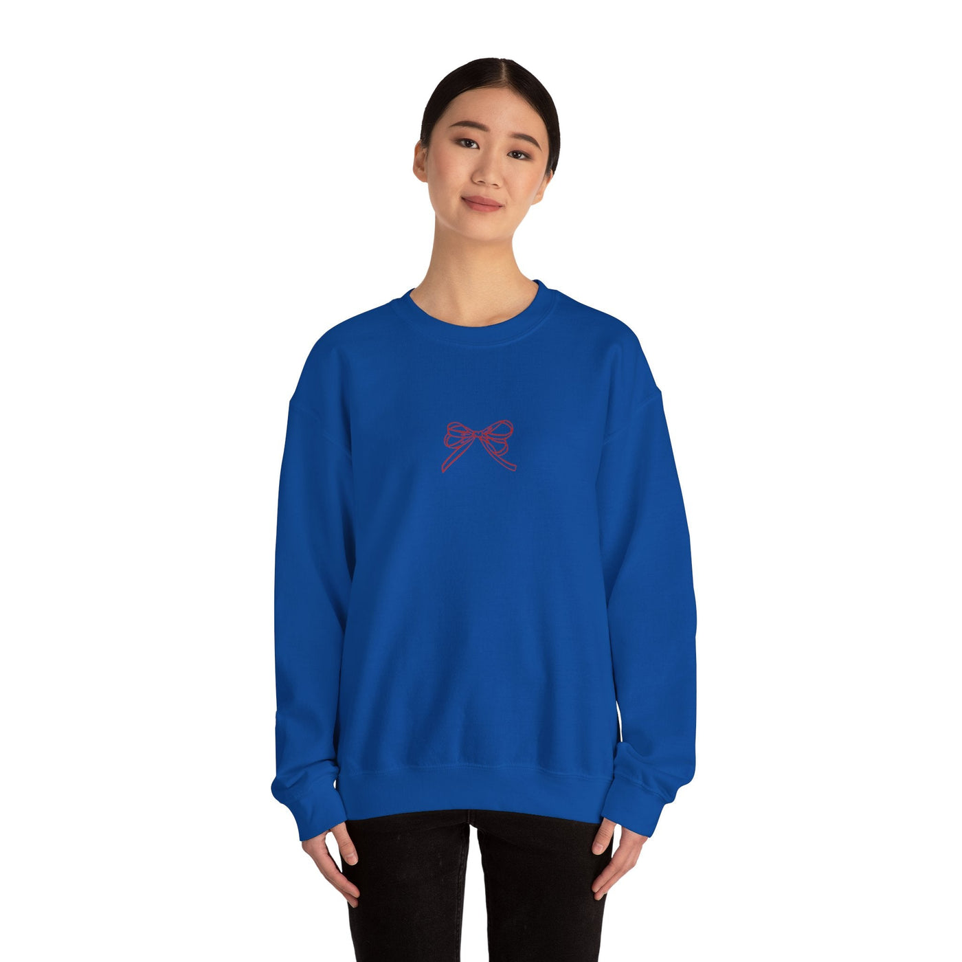Blue Holiday Bow Crewneck Sweatshirt with festive bow design on front, classic fit for adults