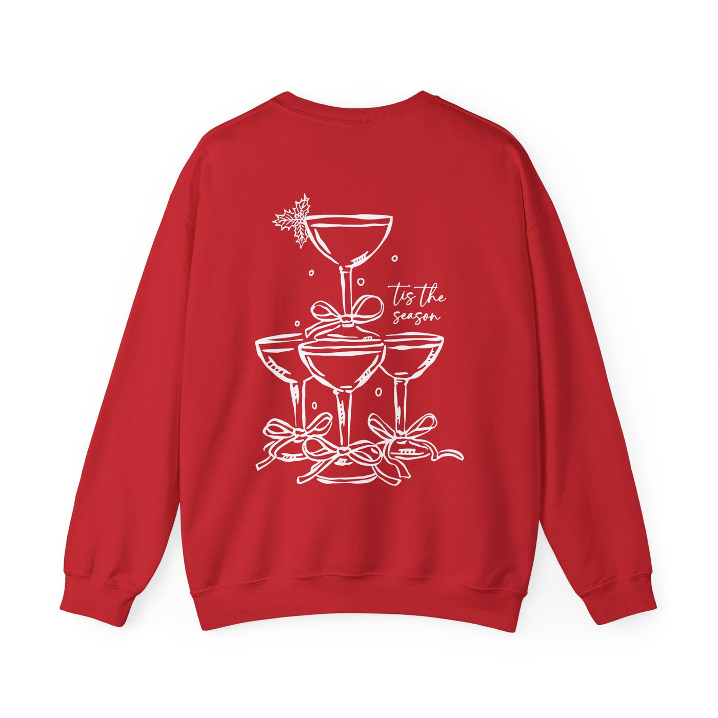 Red Holiday Bow Crewneck Sweatshirt with festive champagne tower and bow design on back, classic fit.