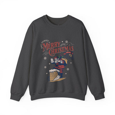 Vintage Santa Crewneck sweatshirt with Santa climbing chimney and Merry Christmas design