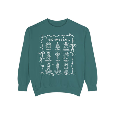 God Says I Am inspirational crewneck sweatshirt with Bible verse designs by Brew’d Up Designs in teal color