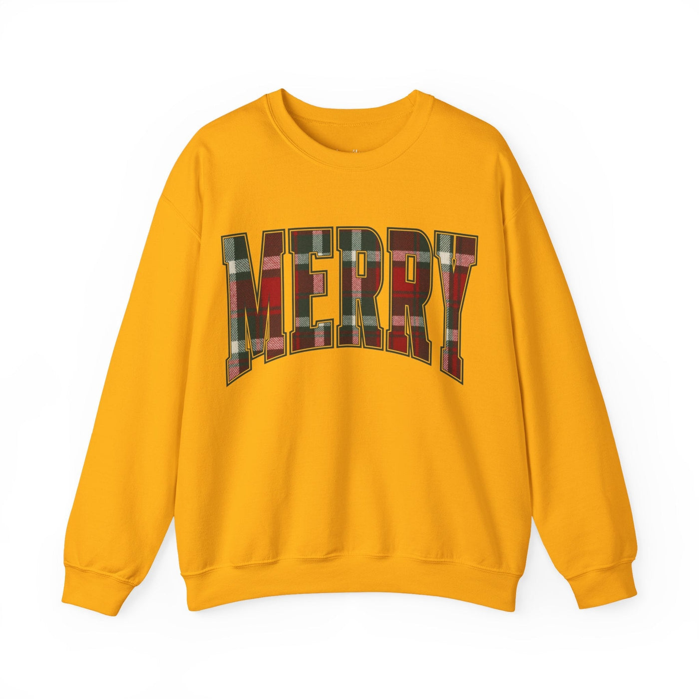 Yellow crewneck sweatshirt with plaid "MERRY" Christmas graphic and festive holiday design
