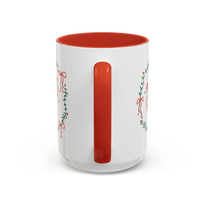 White ceramic mug with red interior and festive greenery design, available in 11oz and 15oz sizes