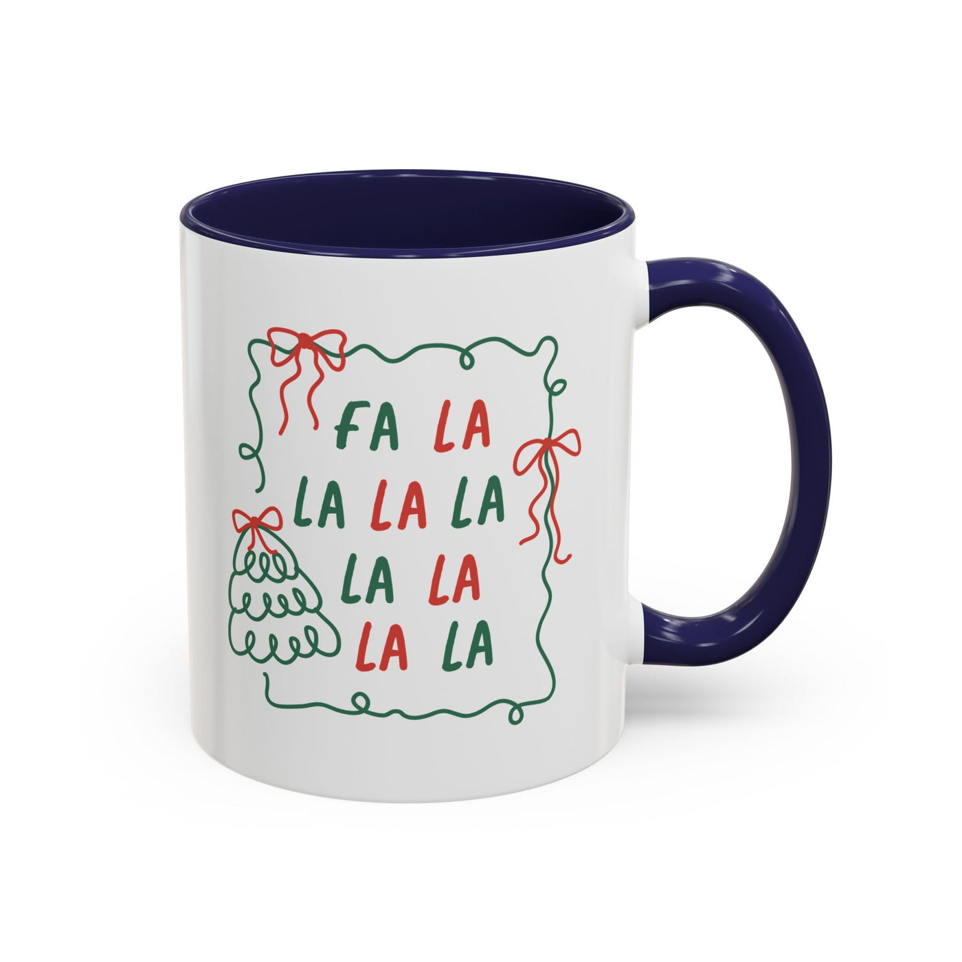 Fa La La Christmas Coffee Mug with minimalist holiday design, white ceramic with blue handle, festive red and green text, microwave and dishwasher safe.