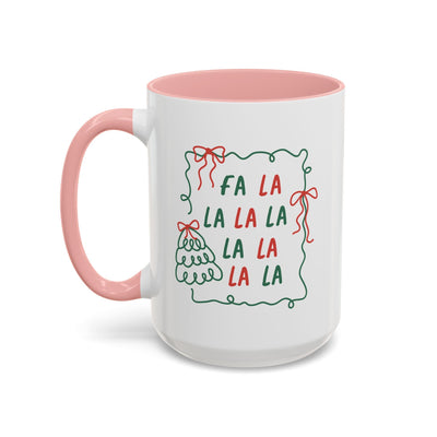 Fa La La Christmas coffee mug with pink handle and interior, minimalist holiday design, ceramic cup for festive cozy mornings