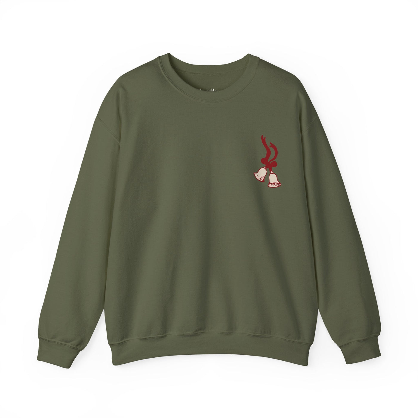 Vintage Merry Christmas crewneck sweatshirt in olive green with bell and Santa sleigh design by Brew’d Up Designs