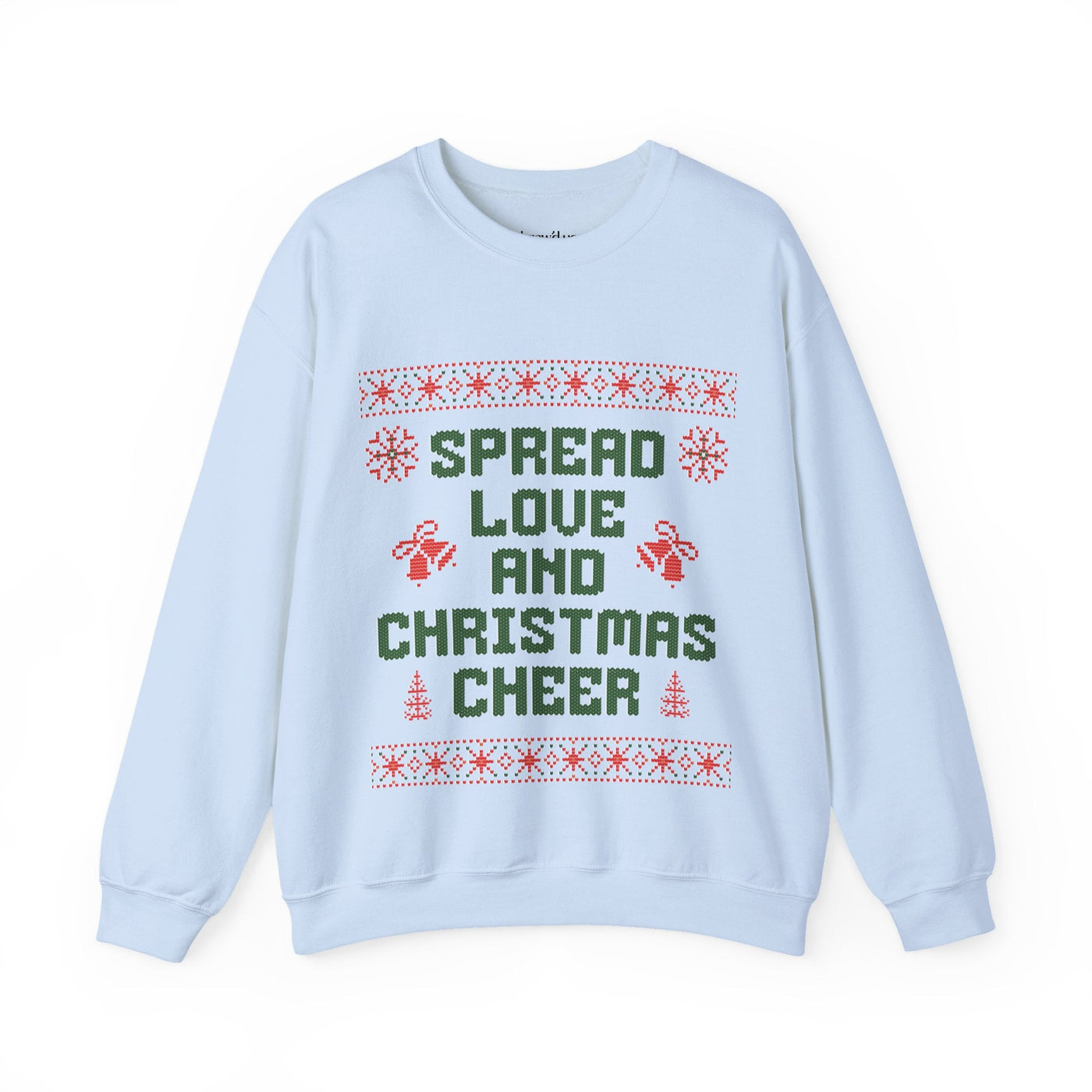 Cozy white crewneck sweatshirt with "Spread Love and Christmas Cheer" holiday design