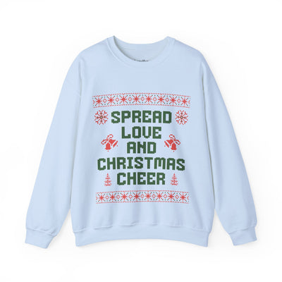 Cozy white crewneck sweatshirt with "Spread Love and Christmas Cheer" holiday design