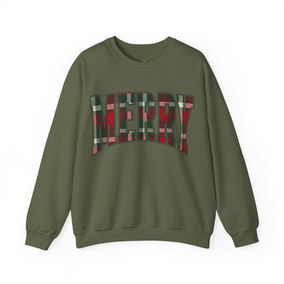 olive green Christmas crewneck sweatshirt with MERRY plaid graphic in red and green