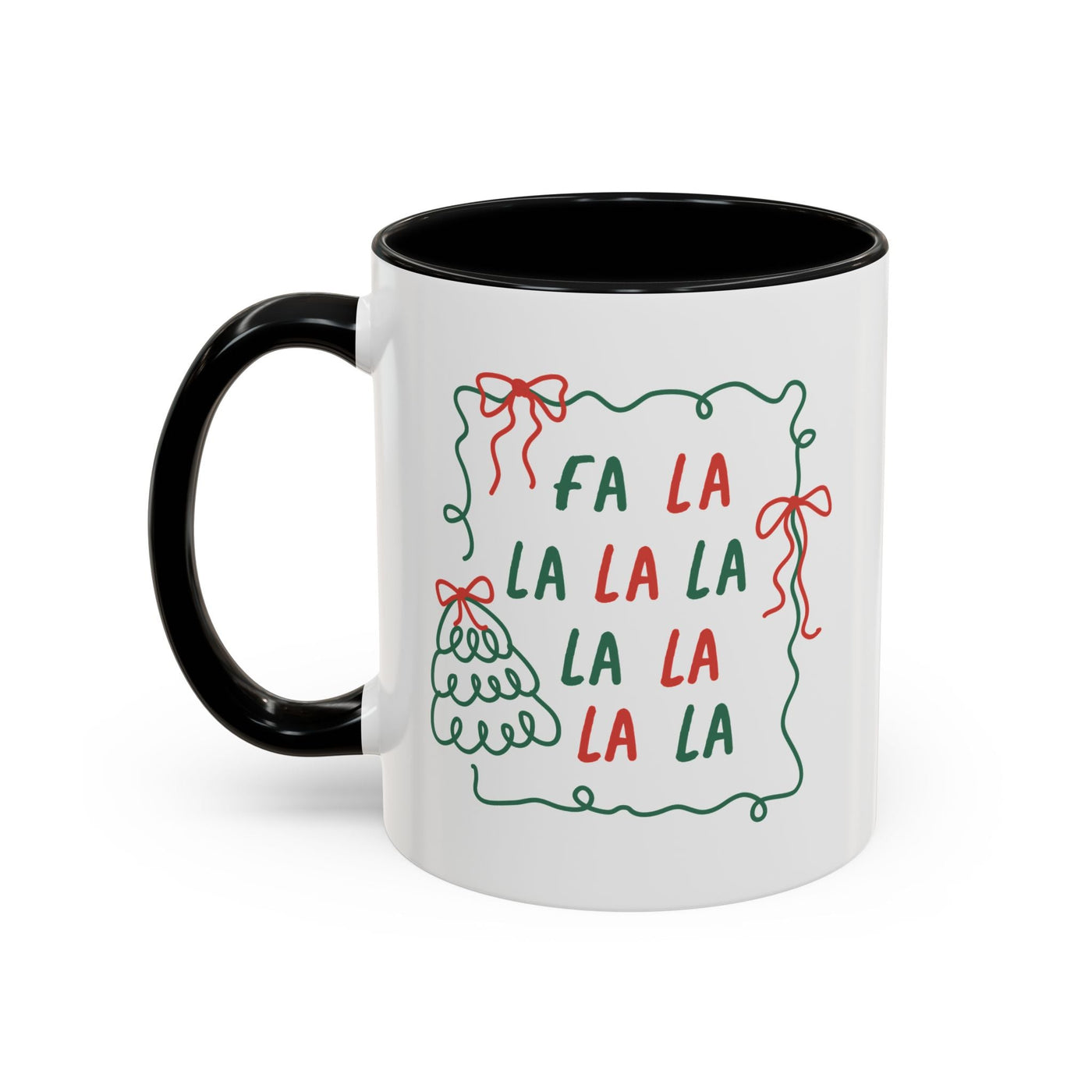 White ceramic Fa La La Christmas coffee mug with black handle and festive minimalist design, dishwasher and microwave safe.