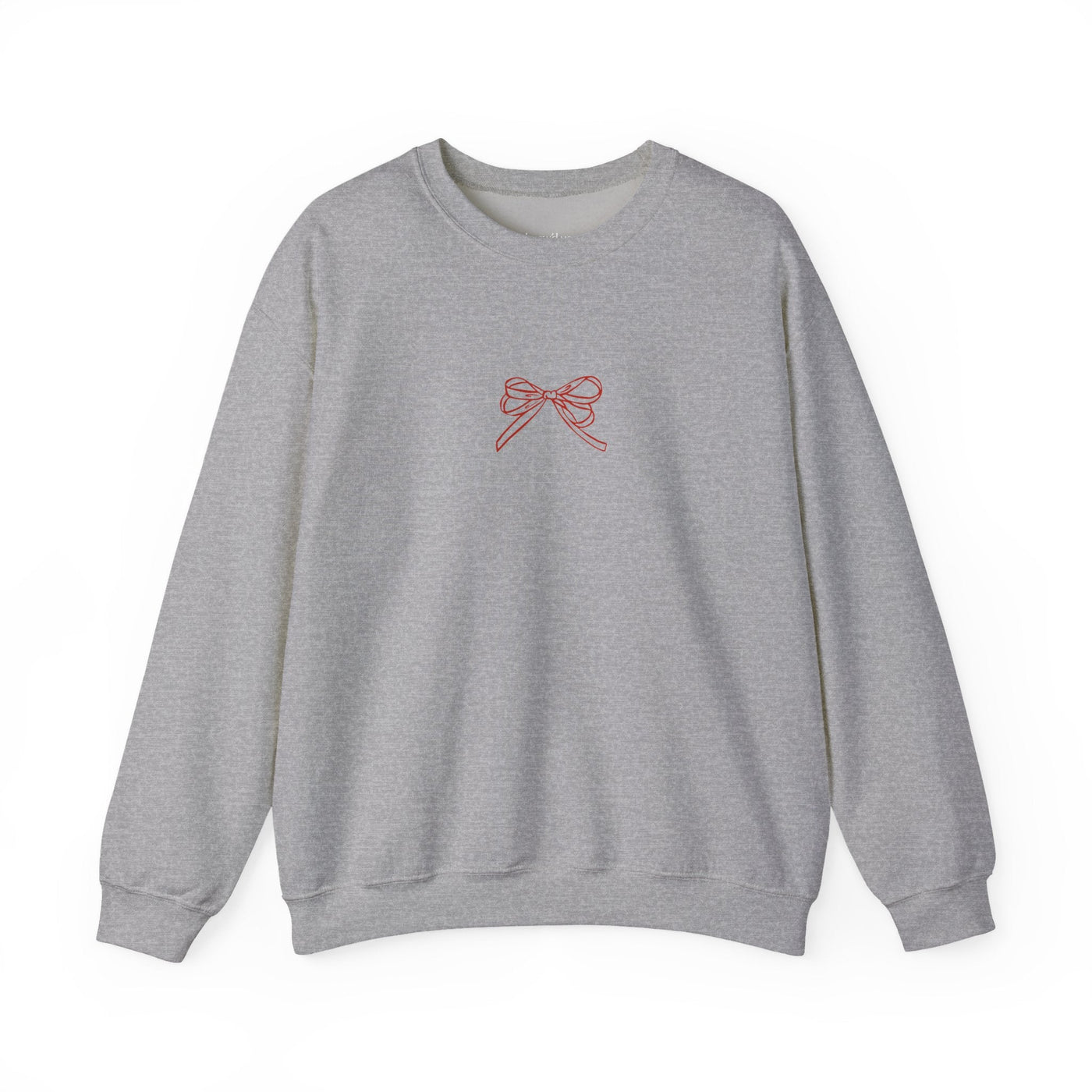 Gray Holiday Bow Crewneck Sweatshirt with red bow design on front, festive holiday apparel
