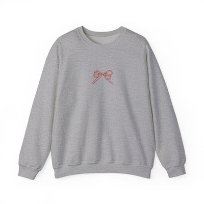 Gray Holiday Bow Crewneck Sweatshirt with red bow design on front, festive holiday apparel