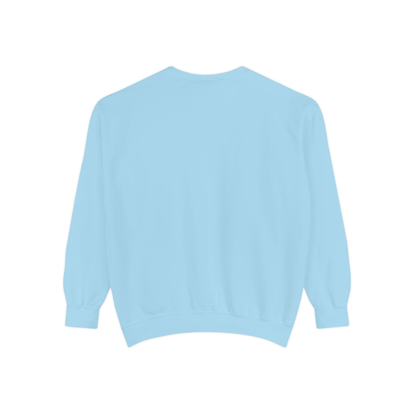Light blue unisex sweatshirt with mountain skiing 'Apres Mode' embroidery, relaxed fit, ribbed cuffs and hem, soft cotton-polyester blend.