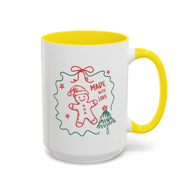 Minimalist festive Christmas coffee mug with yellow handle and interior, featuring a gingerbread man and "Made with Love" design