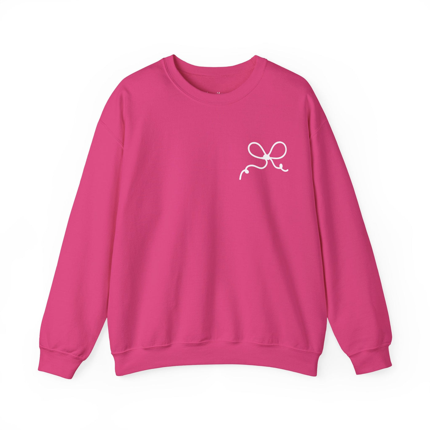 Pink coquette bow crewneck sweatshirt with front bow design and festive holiday style