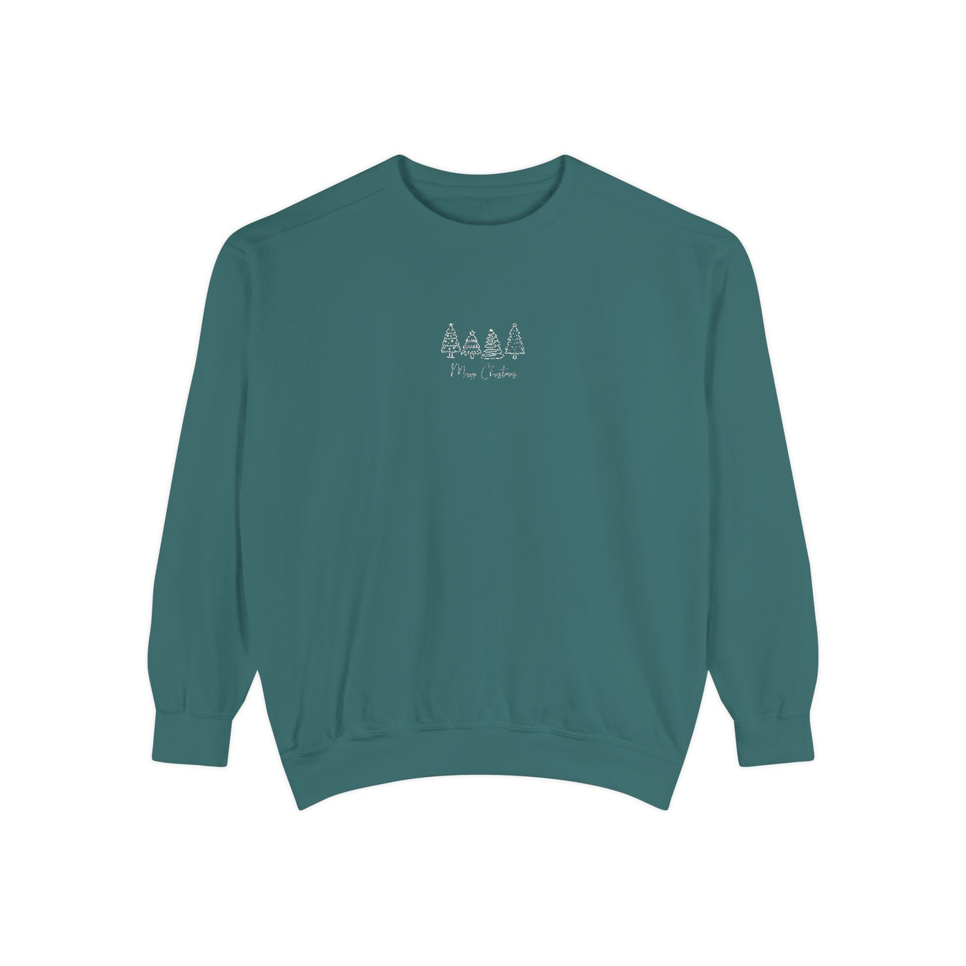 Cozy unisex garment-dyed sweatshirt in teal with minimalist tree embroidery, ribbed cuffs and hem, soft cotton-poly blend.