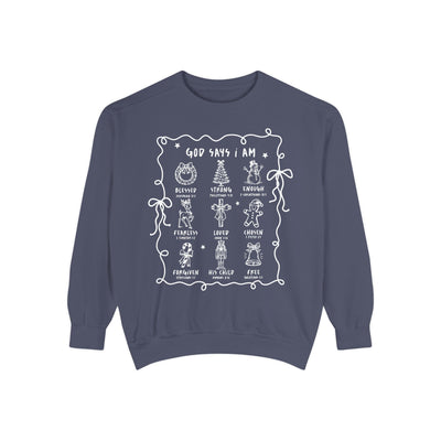 God Says I Am inspirational crewneck sweatshirt with Bible verse designs in navy blue