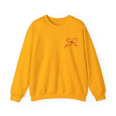 Yellow Coquette Bow Crewneck Sweatshirt with red bow design on front, festive style, cotton-polyester blend