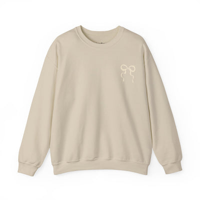 Coquette Christmas Faith Crewneck Sweatshirt beige unisex with coquette bow design and inspirational holiday text