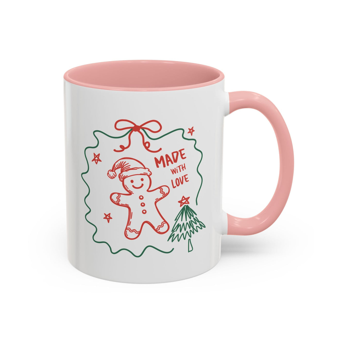 Festive Christmas coffee mug with pink handle and interior, gingerbread man and tree design, 11oz and 15oz ceramic holiday cup