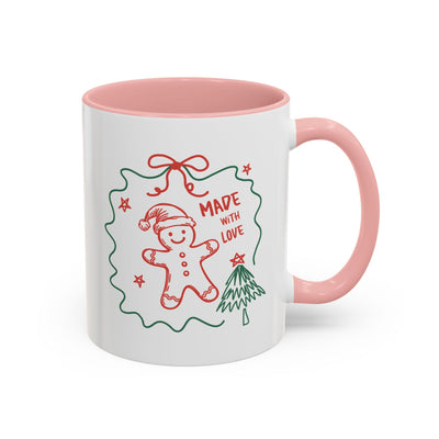 Festive Christmas coffee mug with pink handle and interior, gingerbread man and tree design, 11oz and 15oz ceramic holiday cup