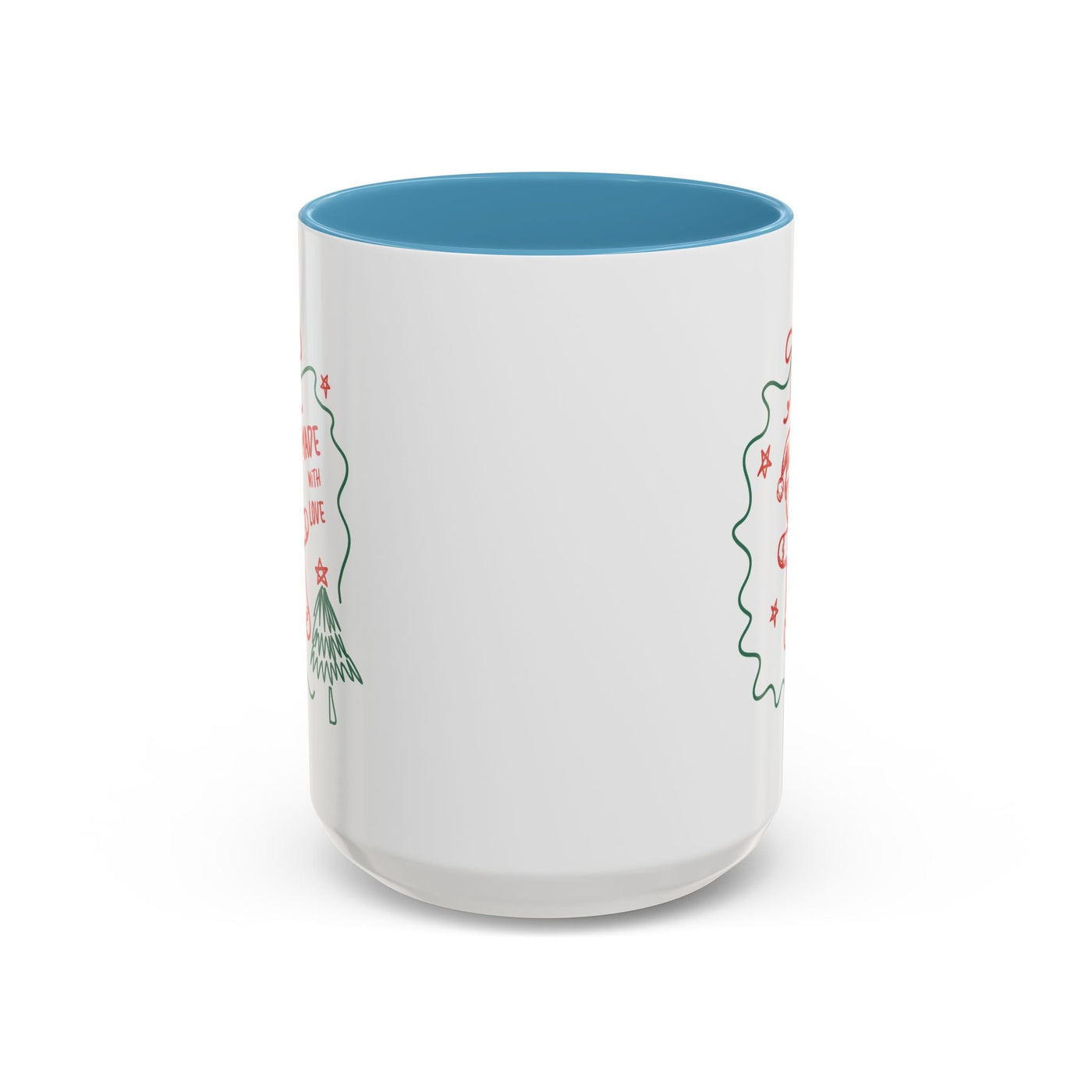 Minimalist festive Christmas ceramic coffee mug with blue interior, available in 11oz and 15oz sizes, microwave and dishwasher safe.