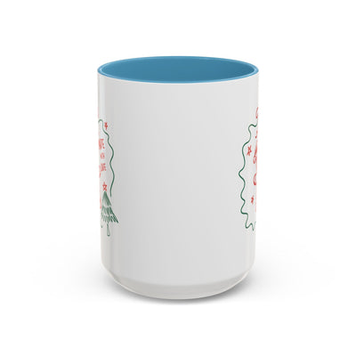 Minimalist festive Christmas ceramic coffee mug with blue interior, available in 11oz and 15oz sizes, microwave and dishwasher safe.
