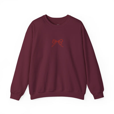 Maroon Holiday Bow Crewneck Sweatshirt with festive bow design on front, classic fit, and crew neckline.