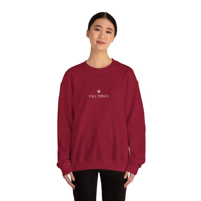 woman wearing red Fall Things sweatshirt cozy minimalist autumn crewneck