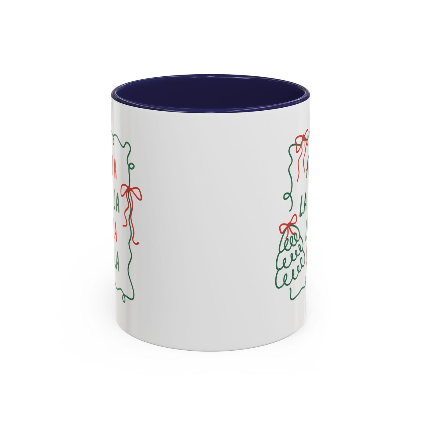 Fa La La Christmas Coffee Mug white ceramic with navy interior and holiday minimalist design
