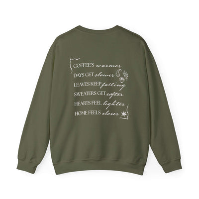 Olive green Fall Things Sweatshirt with poetic autumn quote on back, cozy minimalist crewneck for coffee lovers and homebodies