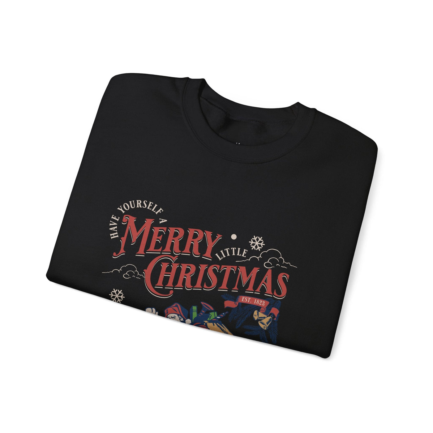 Vintage Santa Crewneck sweatshirt with holiday-themed Merry Christmas design and Santa carrying gift bag.