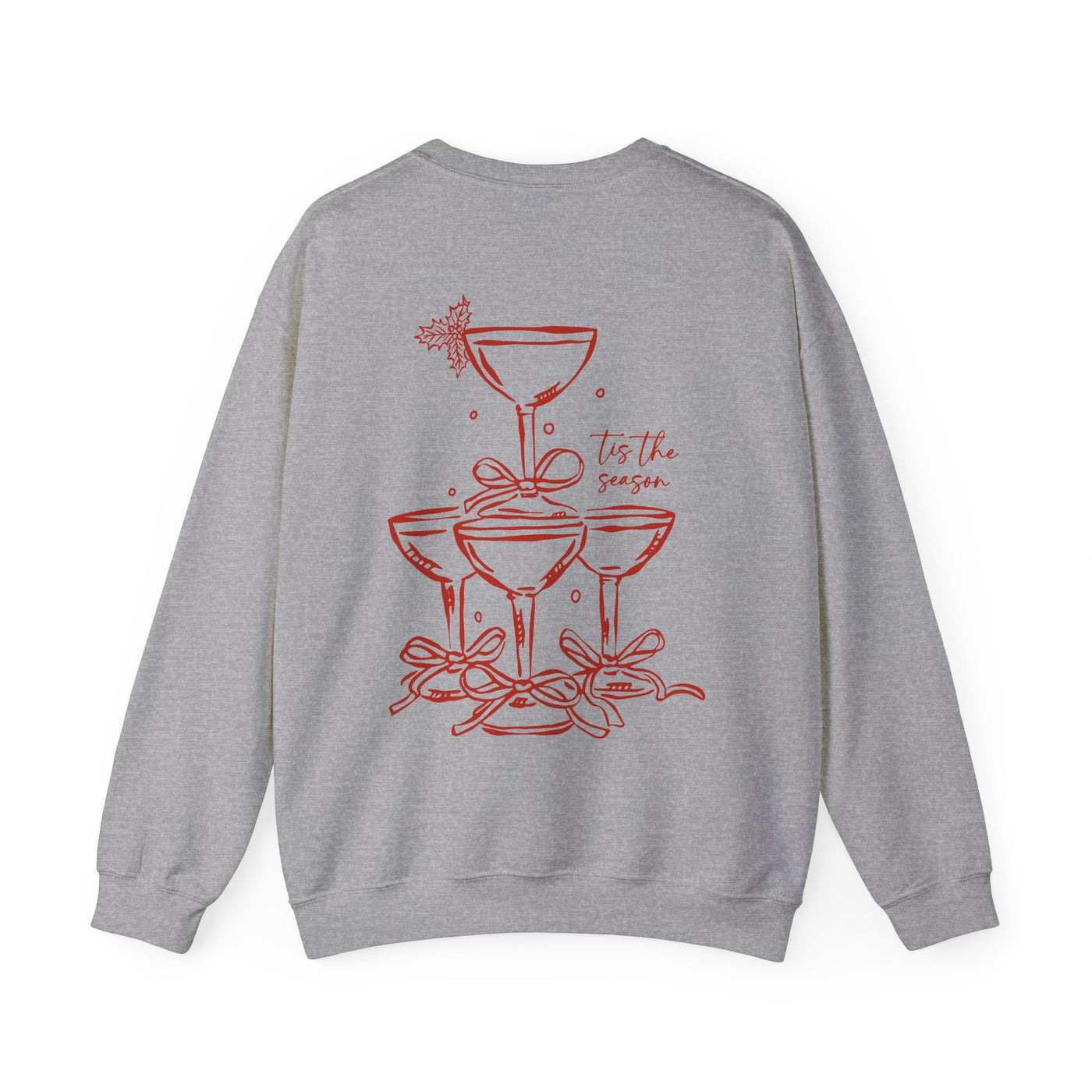 Grey Holiday Bow crewneck sweatshirt with red champagne tower and bows design on back, festive holiday style