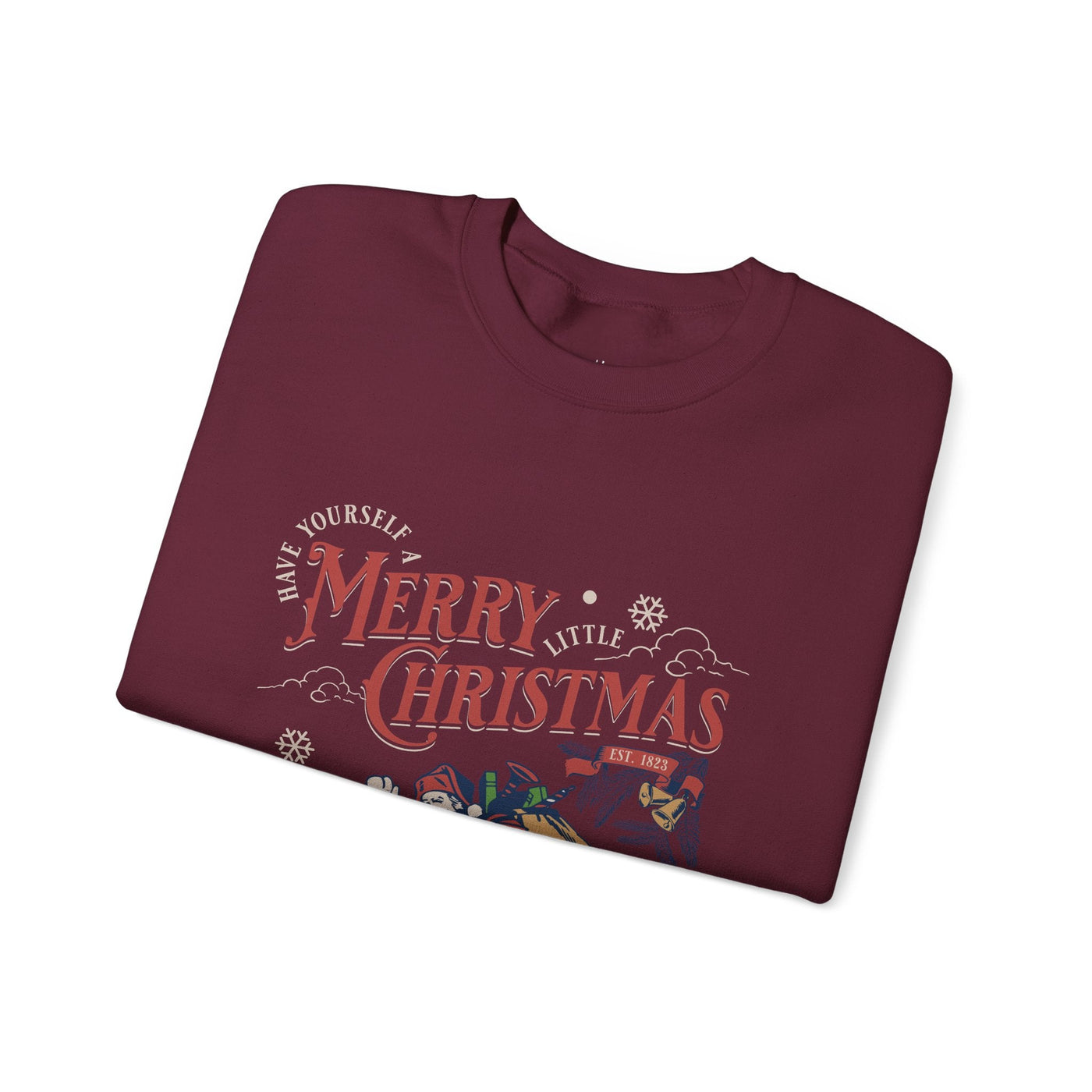 Folded maroon vintage Santa crewneck sweatshirt with Christmas-themed holiday design
