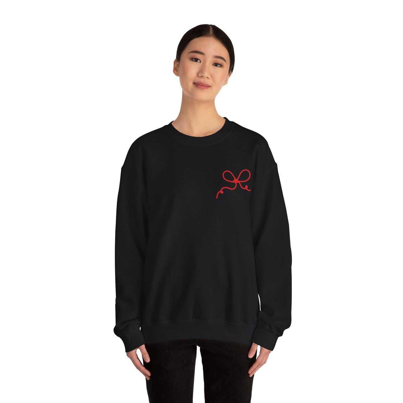 Black Coquette Bow Crewneck Sweatshirt with red bow detail on front, festive faith design, comfortable cotton blend