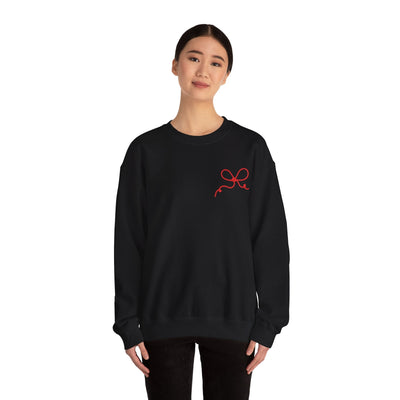 Black Coquette Bow Crewneck Sweatshirt with red bow detail on front, festive faith design, comfortable cotton blend