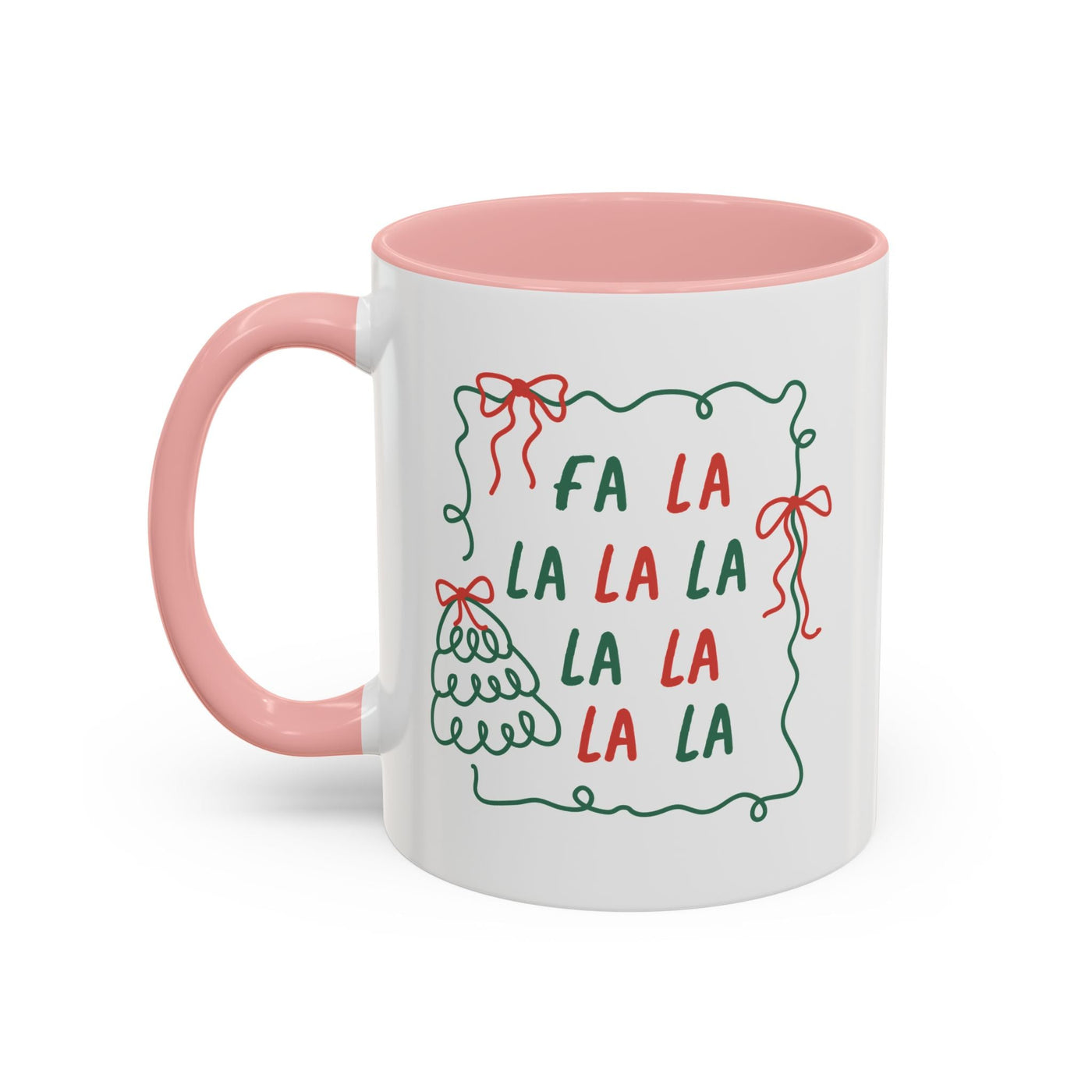 Fa La La Christmas coffee mug with pink handle and festive minimalist design on white ceramic cup