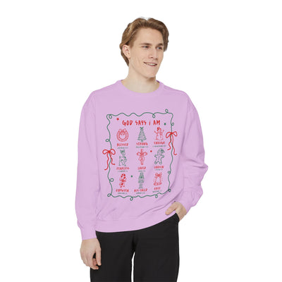 Man wearing a lavender "God Says I Am" inspirational crewneck sweatshirt with embroidered Bible verse design and festive accents.