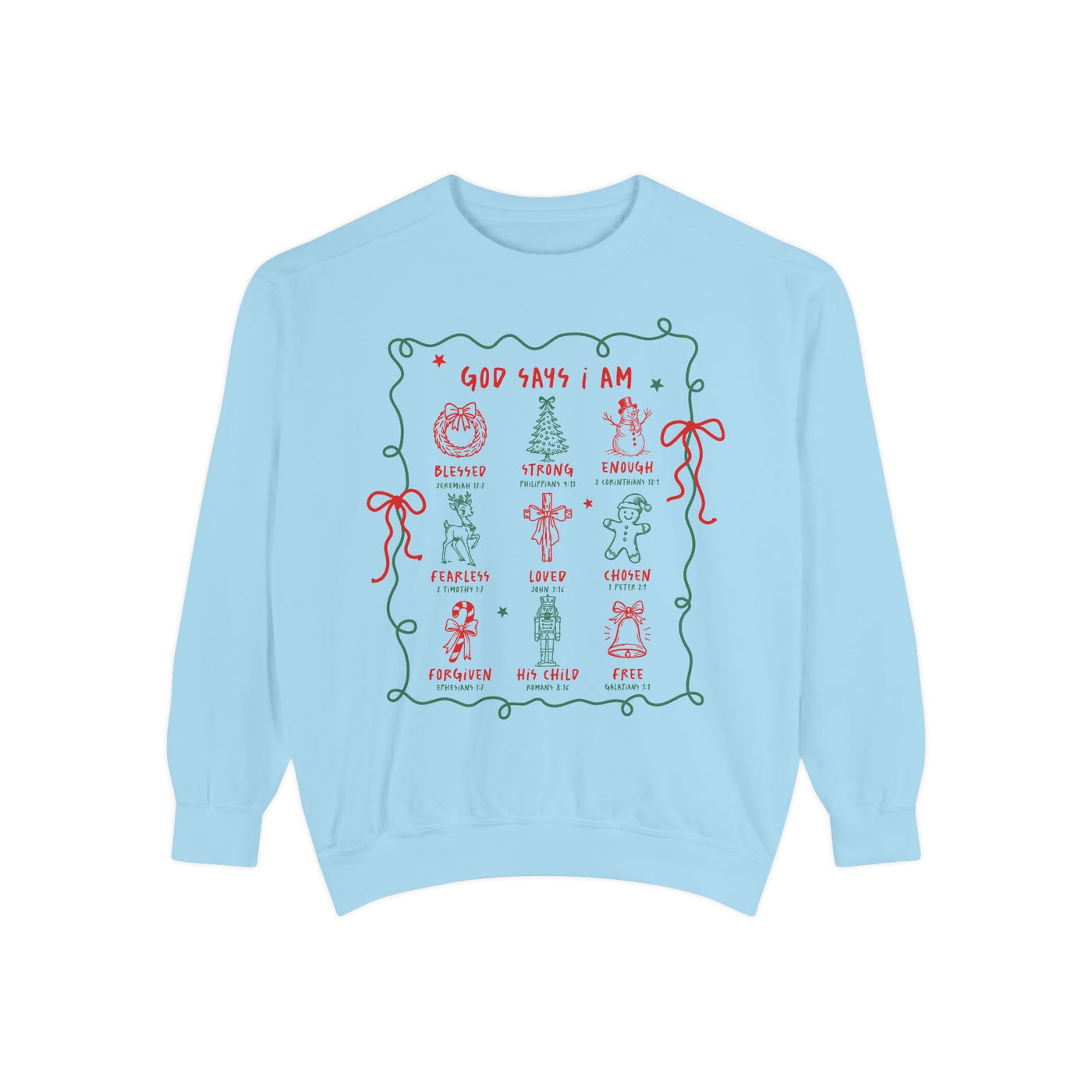 Light blue "God Says I Am" inspirational crewneck sweatshirt with festive Bible verse embroidery and holiday design
