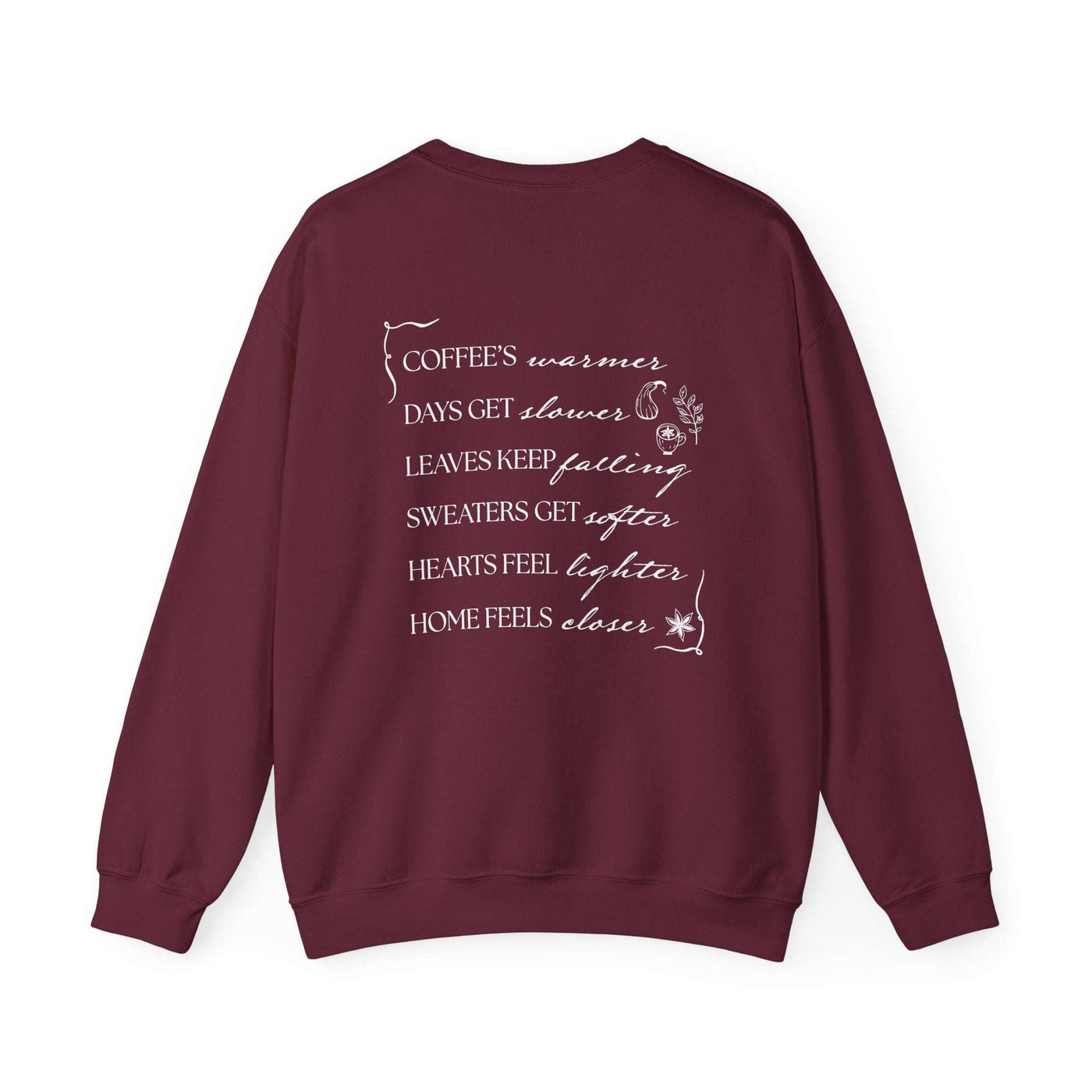 Maroon Fall Things Sweatshirt with cozy autumn quote for coffee lovers and homebodies