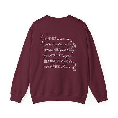 Maroon Fall Things Sweatshirt with cozy autumn quote for coffee lovers and homebodies