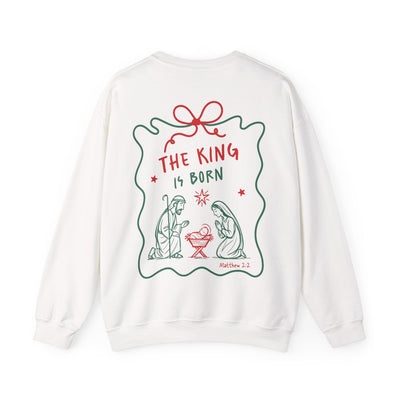 White Coquette Bow Crewneck Sweatshirt with festive 'The King is Born' faith design on back