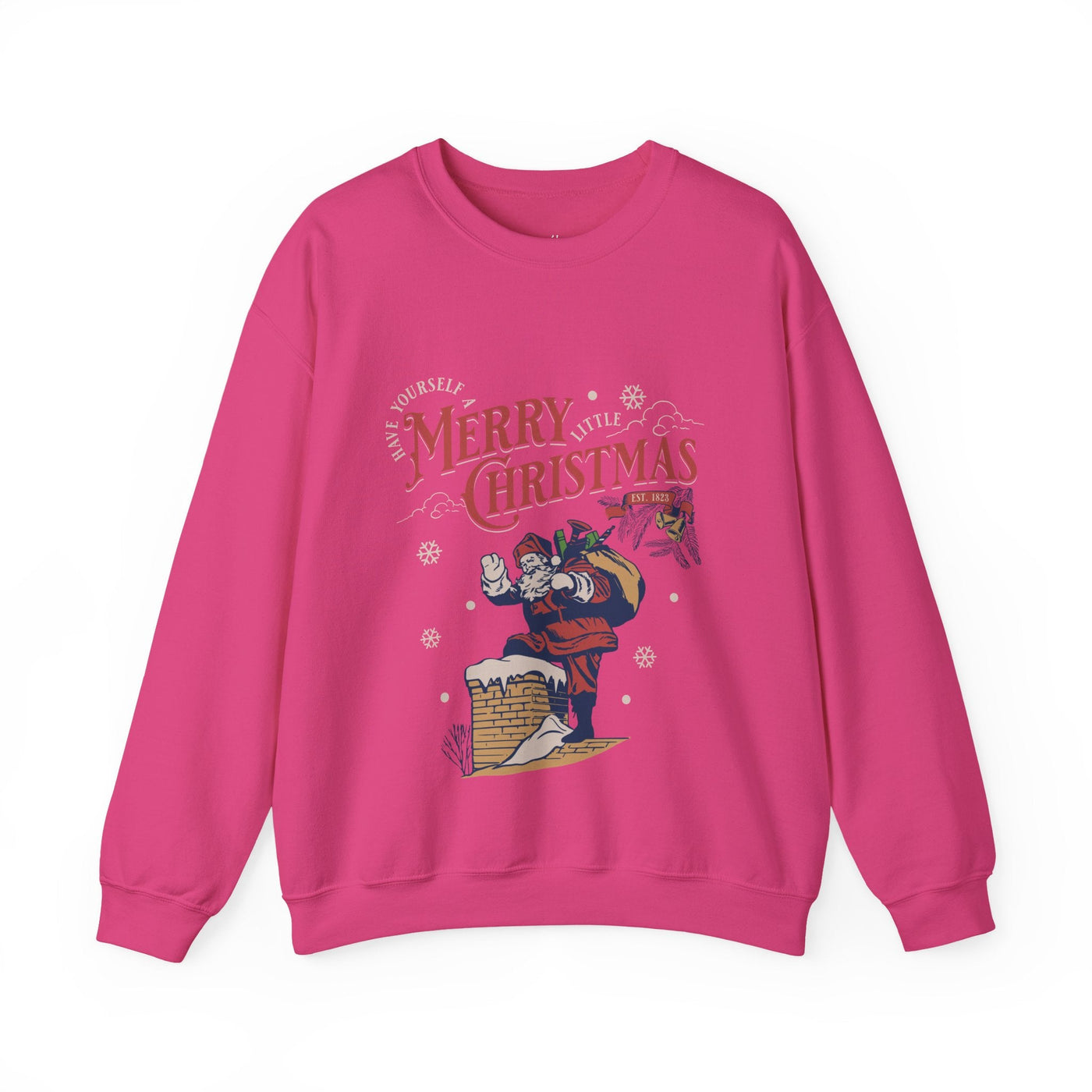 Vintage Santa Crewneck sweatshirt featuring Santa with gift bag going into chimney in festive holiday design